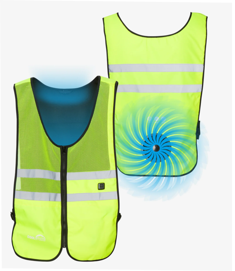 Air circulation vest designed for cooling and comfort in hot environments.