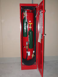 Fire cabinet for secure storage of fire safety equipment.