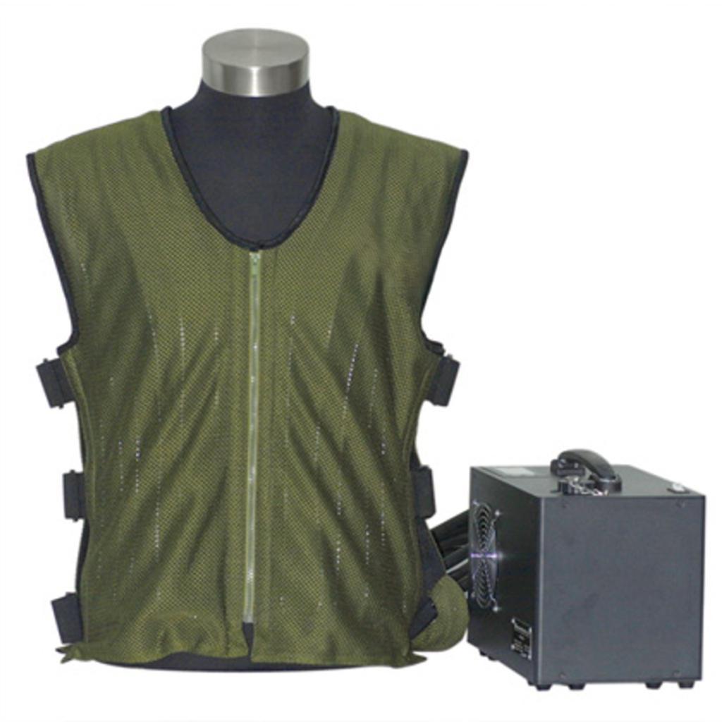 Portable cooling station for firefighters and bikers, providing personal cooling.