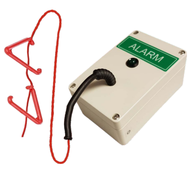 Splash-proof wireless pull cord panic alarm for security in leisure centers and industrial environments.
